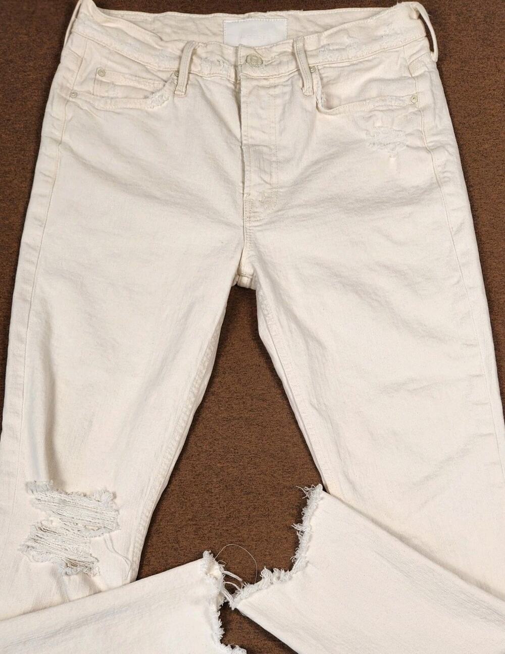 Mother Superior High Rise Flirt Chew Ivory Distressed Jeans 30x28